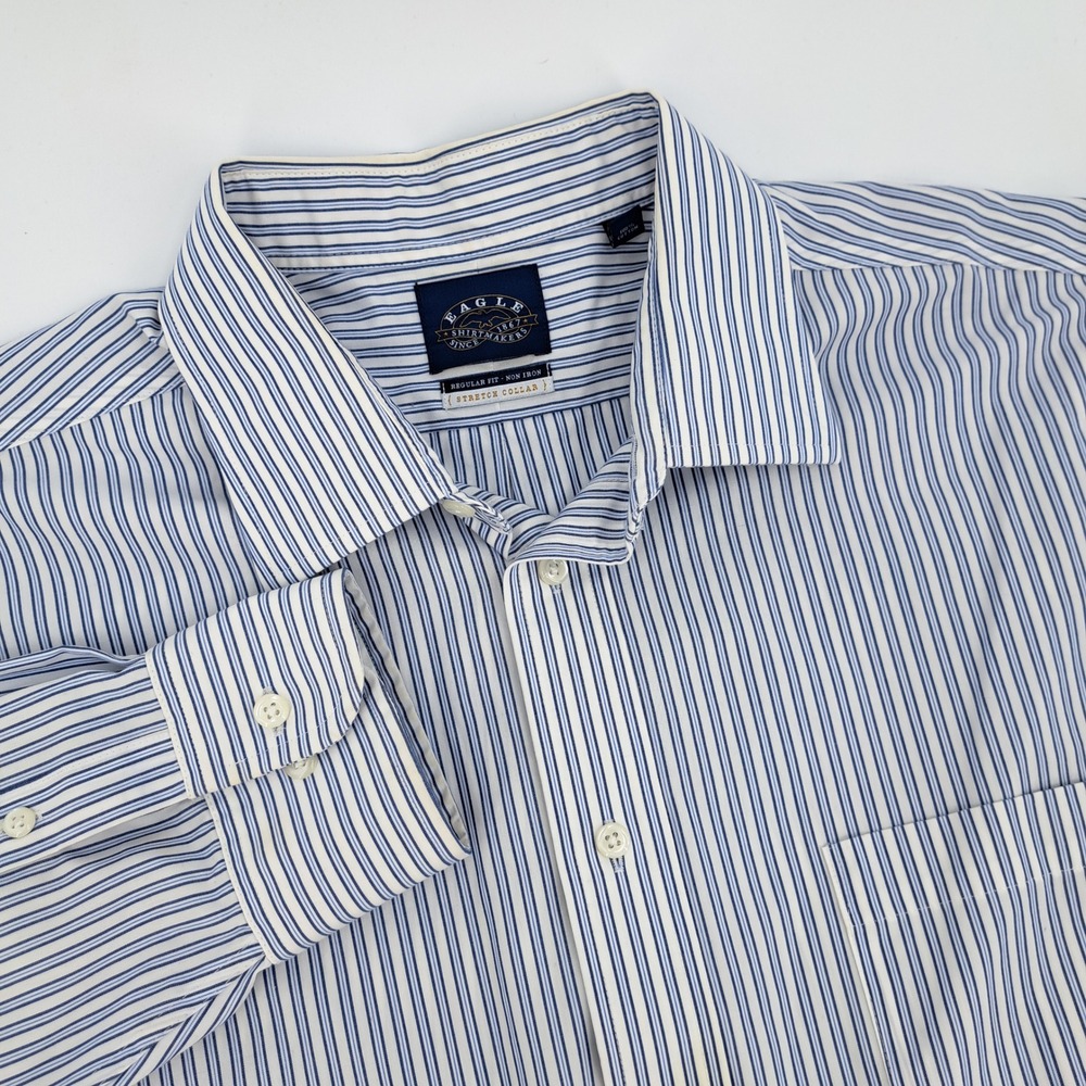 Eagle Shirtmakers Dress Shirt Mens 17 34/35 Cotton Blue White Striped Non Iron